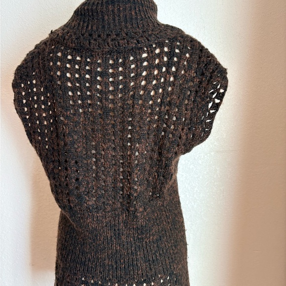 VTG y2k brown black cache chunky knit sweater short sleeve long top dress neck L - Picture 5 of 11